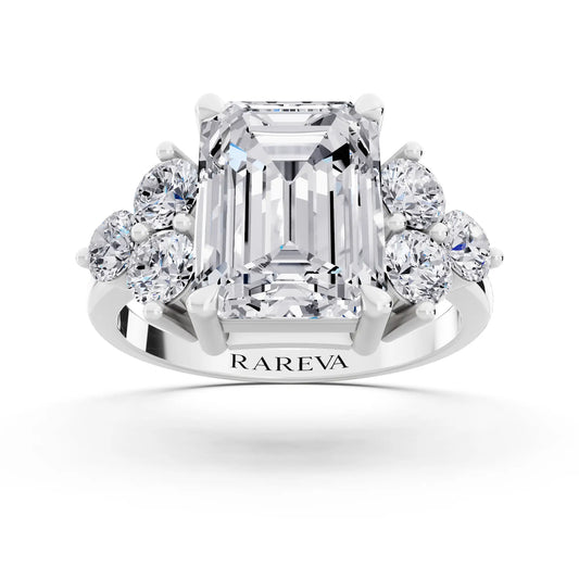 14 KT White Gold Emerald Cut Diamond Cluster Ring with Round Accents - Front