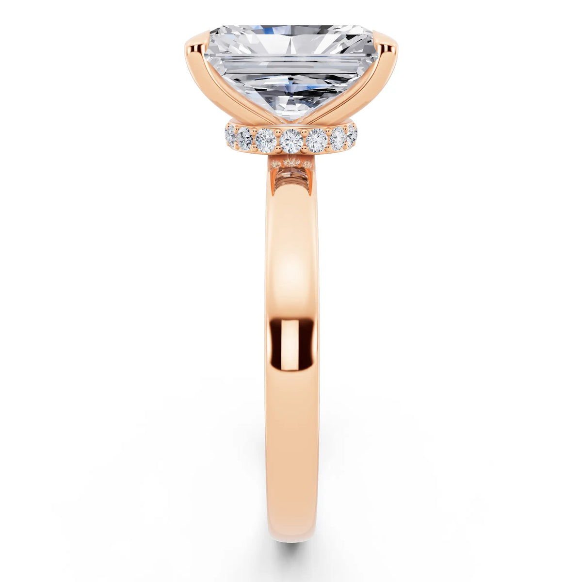 14 KT Rose Gold Radiant Cut Diamond Solitaire Ring with Pave Collar - side view