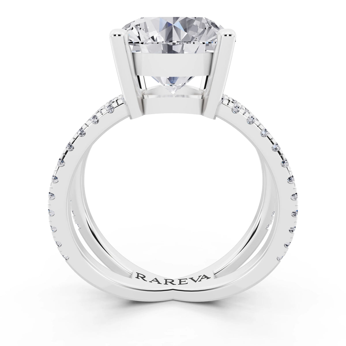 18 KT White Gold Round Cut Diamond Ring with Twisted Split Shank - through finger