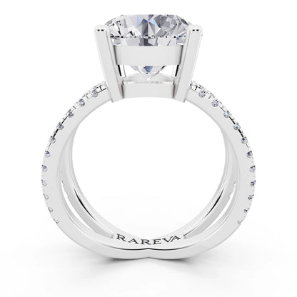 18 KT White Gold Round Cut Diamond Ring with Twisted Split Shank - through finger