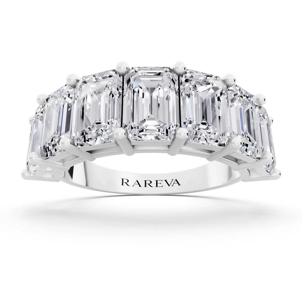 Silver Seven Stone Emerald Cut Diamond Half Eternity Wedding Band - 2.6mm - Front