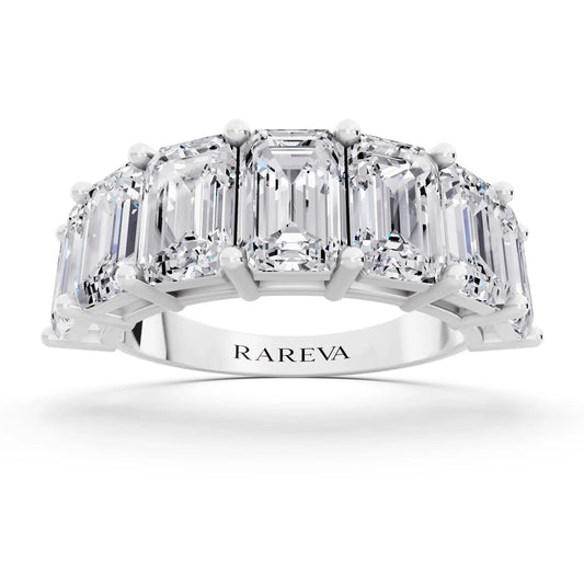 Silver Seven Stone Emerald Cut Diamond Half Eternity Wedding Band - 2.6mm - Front