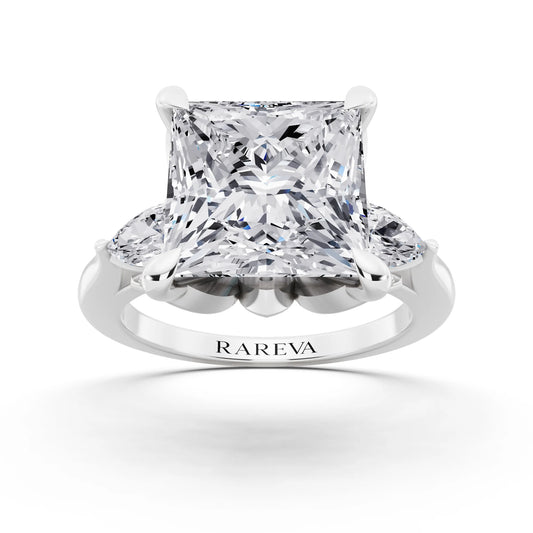 14 KT White Gold Princess Cut Diamond Cluster Engagement Ring with Pear Accents and Pavé Band - front view
