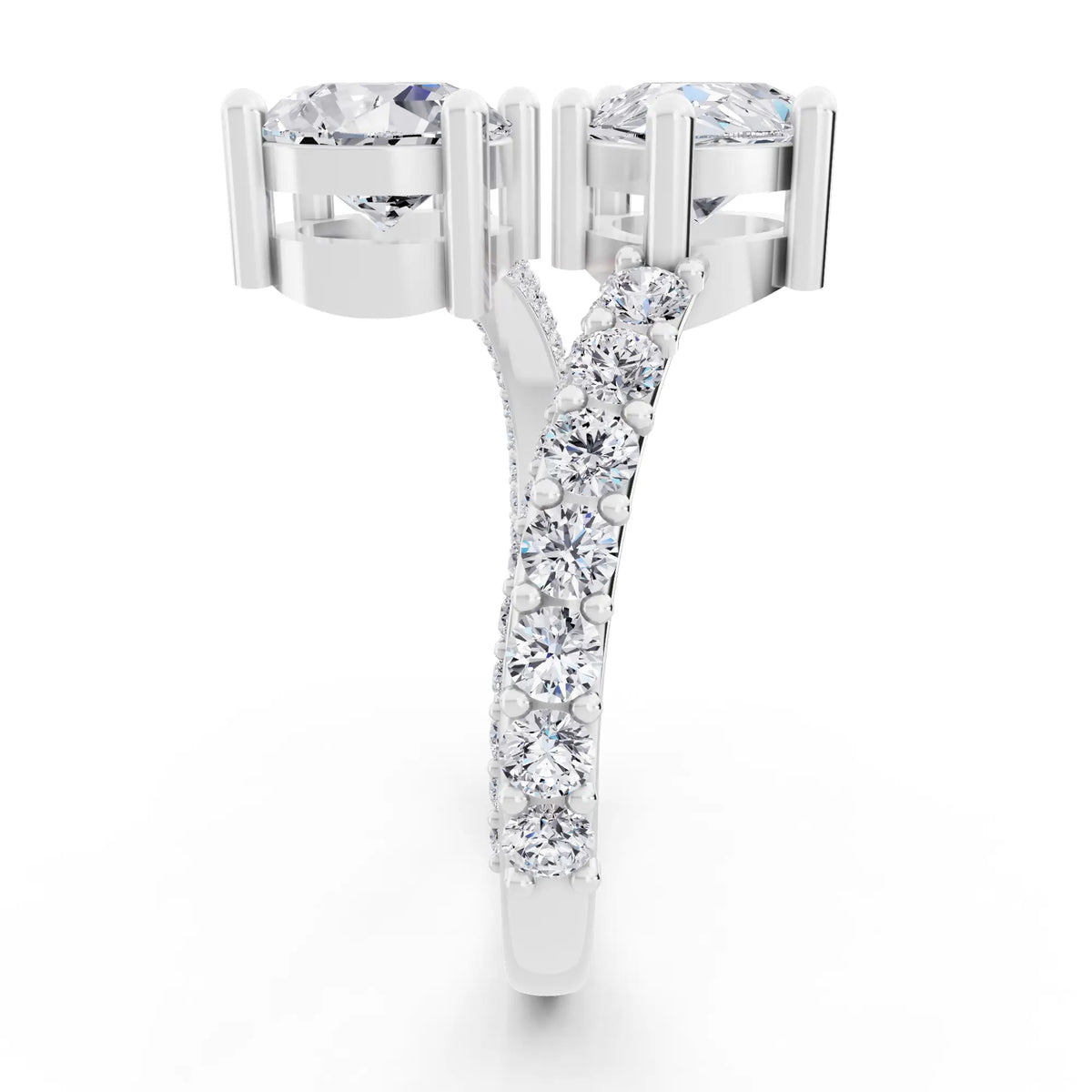 18 KT White Gold Pear Cut Diamond Two Stone Ring with Pave Band - Side view