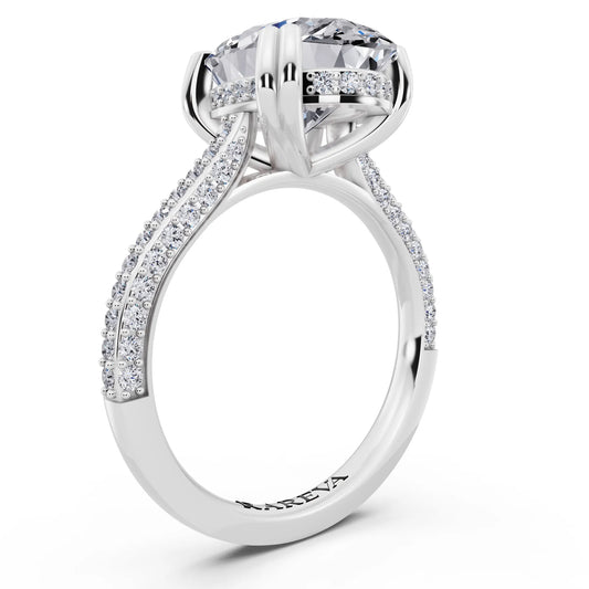 18 KT White Gold Oval Cut Diamond Hidden Halo Double Claw Pave Band Ring - top view