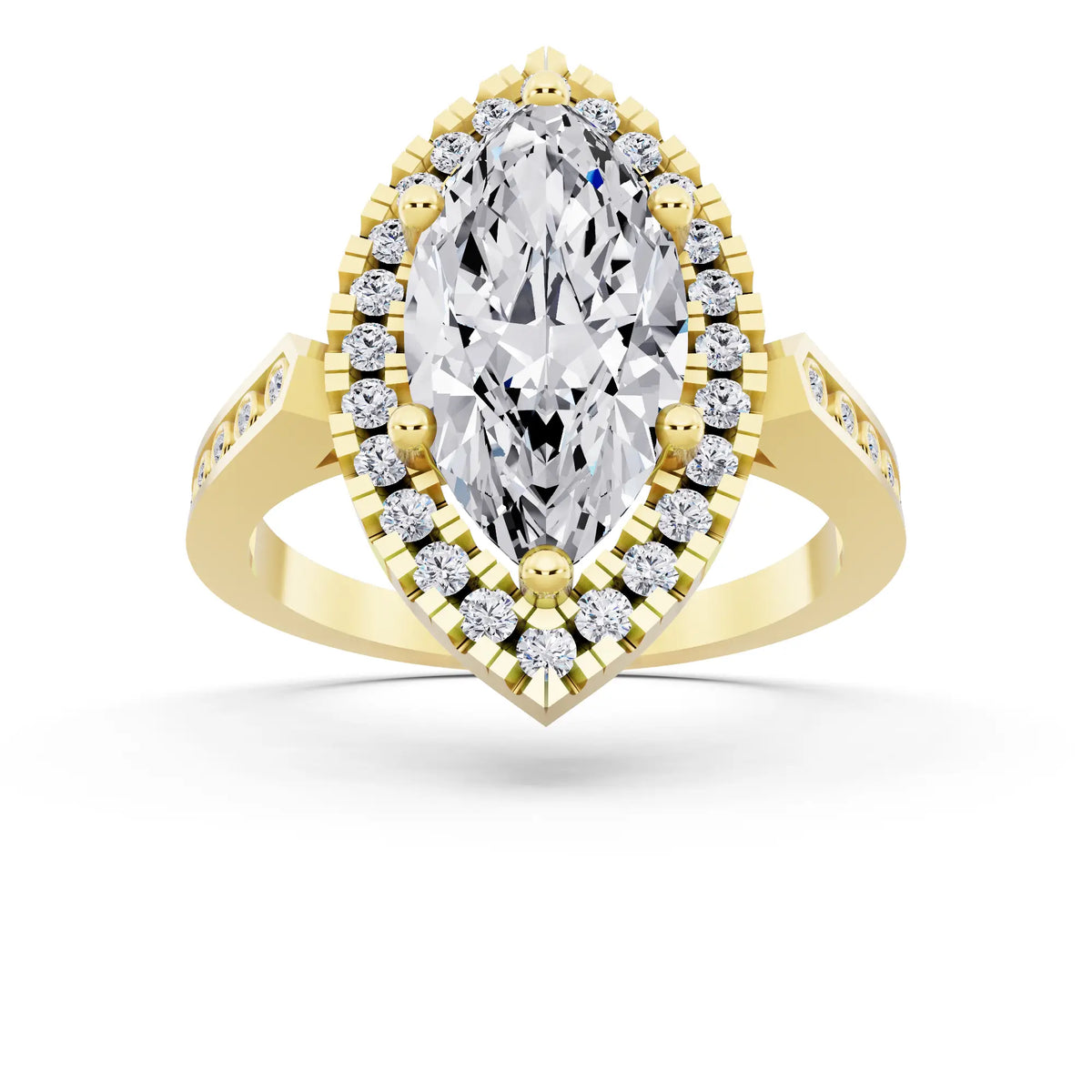 18 KT Yellow Gold Marquise Cut Diamond Halo Ring with Bezel Accent Band - front view