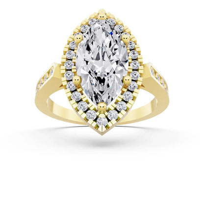 18 KT Yellow Gold Marquise Cut Diamond Halo Ring with Bezel Accent Band - front view
