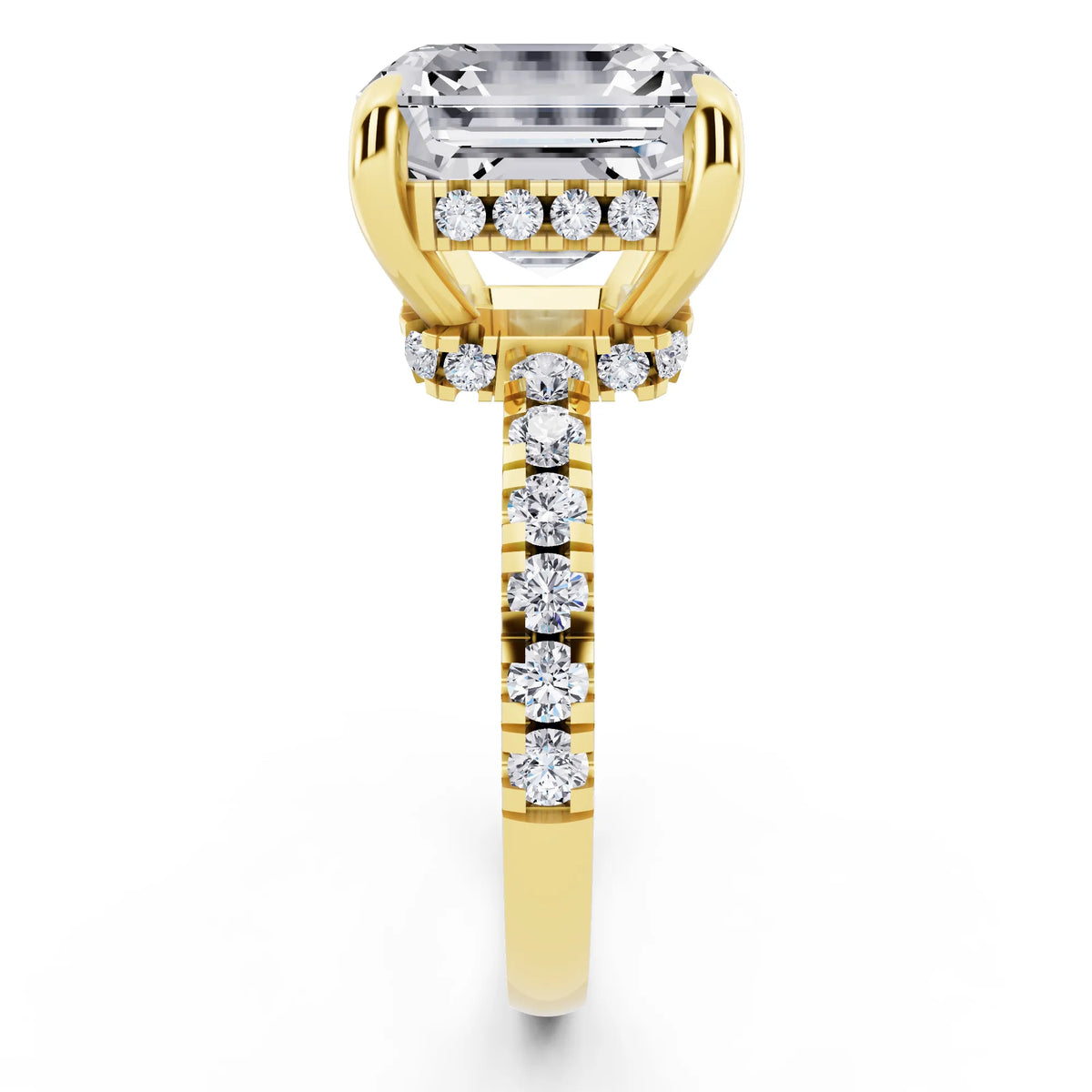 18 KT Yellow Gold Asscher Cut Diamond Hidden Halo Tiger Prong Pave Band Ring - side view