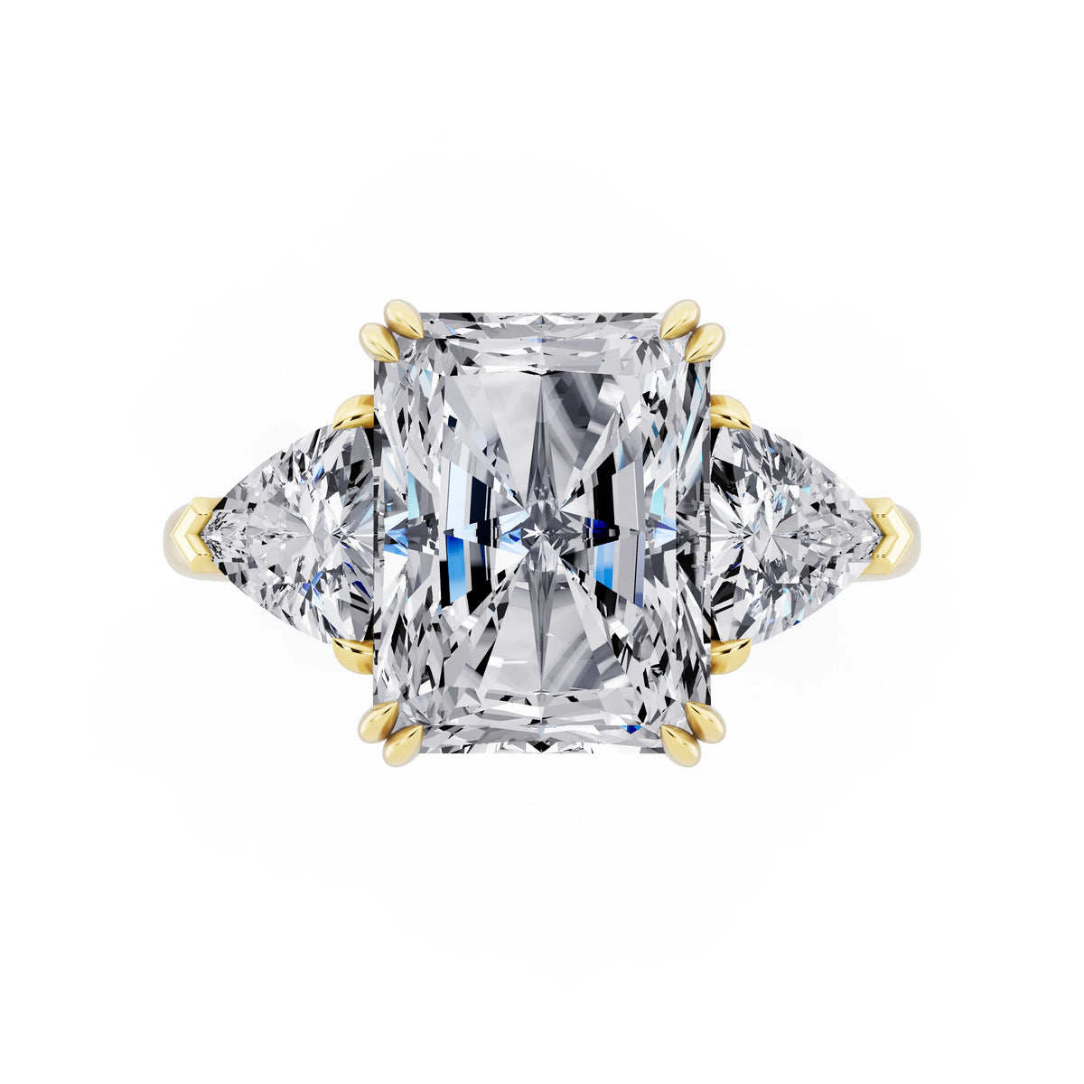 18 KT Yellow Gold Radiant Cut Diamond Three Stone Ring with Trillion Accents - top angle