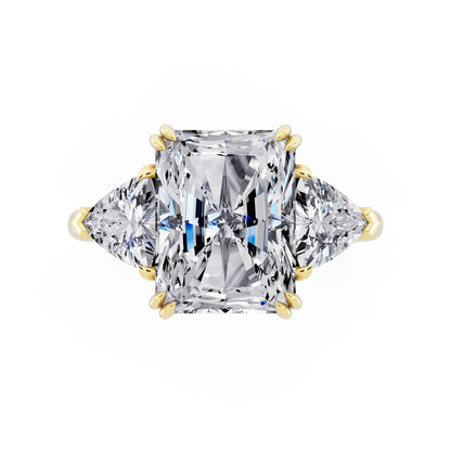 18 KT Yellow Gold Radiant Cut Diamond Three Stone Ring with Trillion Accents - top angle