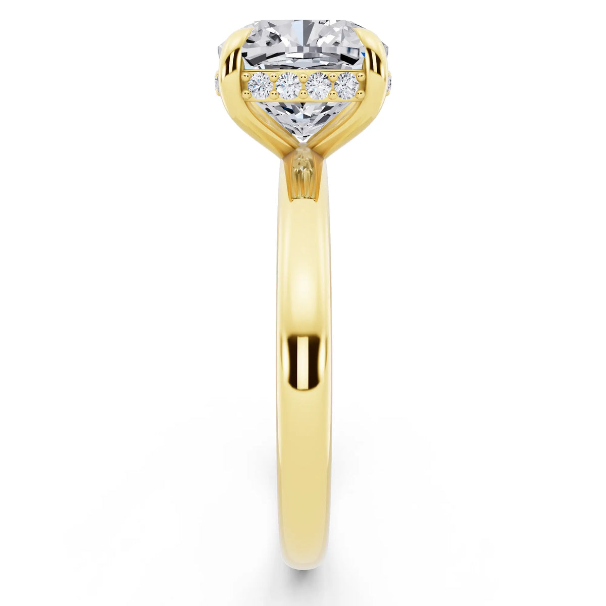 18 KT Yellow Gold Cushion Cut Diamond Hidden Halo Solitaire Ring - side view