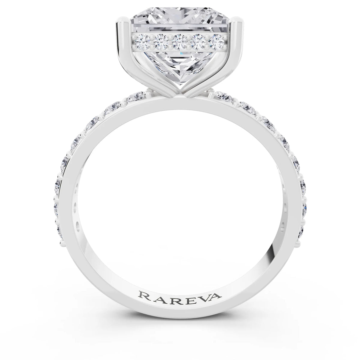 14 KT White Gold Princess Cut Diamond Solitaire Ring with Hidden Halo and Pave Band - through finger