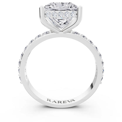 14 KT White Gold Princess Cut Diamond Solitaire Ring with Hidden Halo and Pave Band - through finger