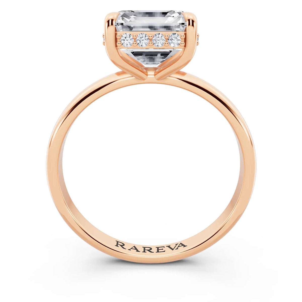 14 KT Rose Gold Asscher Cut Diamond Hidden Halo Solitaire Ring - through finger