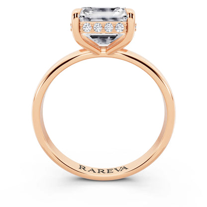 14 KT Rose Gold Asscher Cut Diamond Hidden Halo Solitaire Ring - through finger