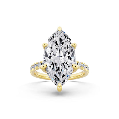 18 KT Yellow Gold Marquise Cut Diamond Hidden Halo Tiger Prong Pave Band Ring - front view
