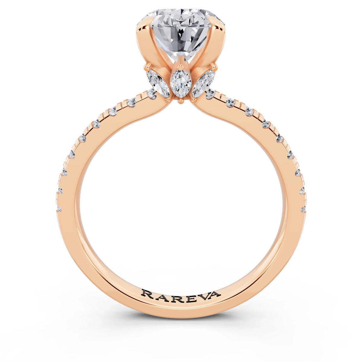 18 KT Rose Gold Oval Cut Diamond Solitaire Ring with Marquise Collar - through finger