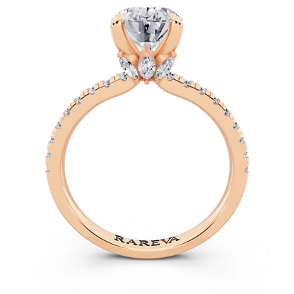 18 KT Rose Gold Oval Cut Diamond Solitaire Ring with Marquise Collar - through finger