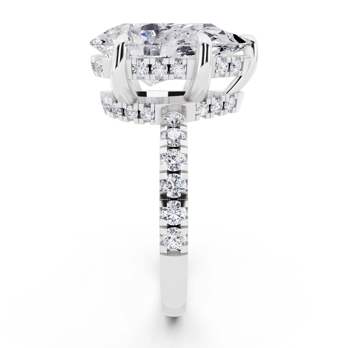 14 KT White Gold Pear Cut Diamond Hidden Halo Tiger Prong Pave Band Ring - side view