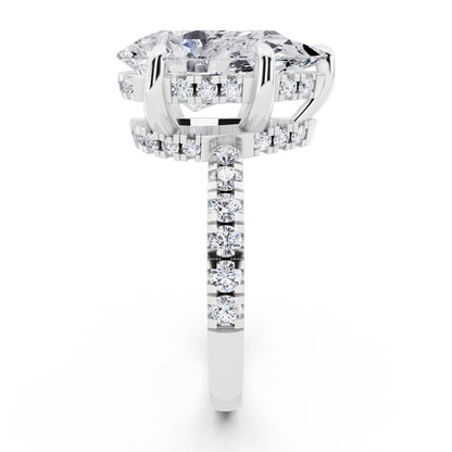 14 KT White Gold Pear Cut Diamond Hidden Halo Tiger Prong Pave Band Ring - side view