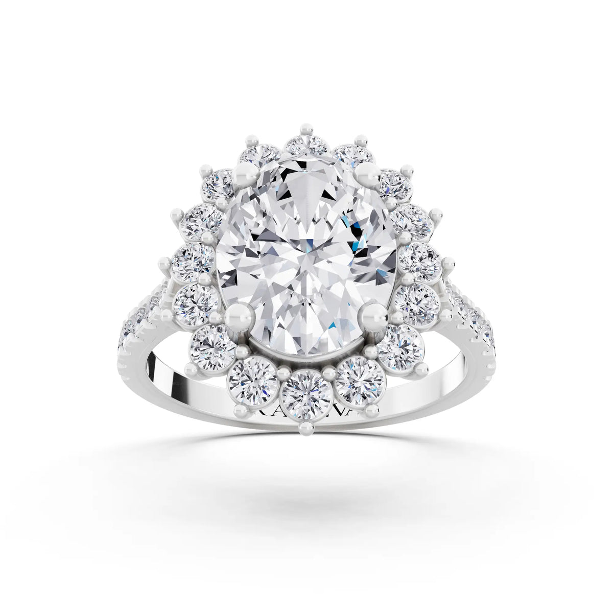 18 KT White Gold Oval Cut Diamond Floral Halo Ring with Pave Band - Front