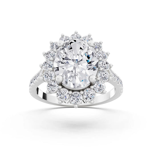 18 KT White Gold Oval Cut Diamond Floral Halo Ring with Pave Band - Front