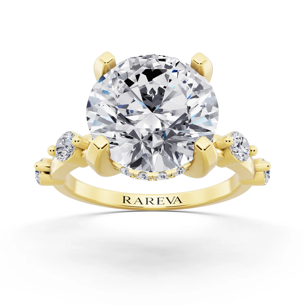 18 KT Yellow Gold Round Cut Diamond Solitaire Ring with Floating Diamond Accents - front view