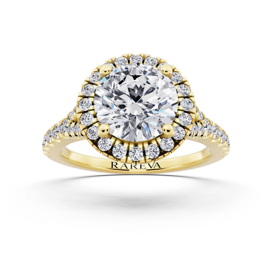 18 KT Yellow Gold Round Cut Diamond Halo Ring with Split Shank - front view