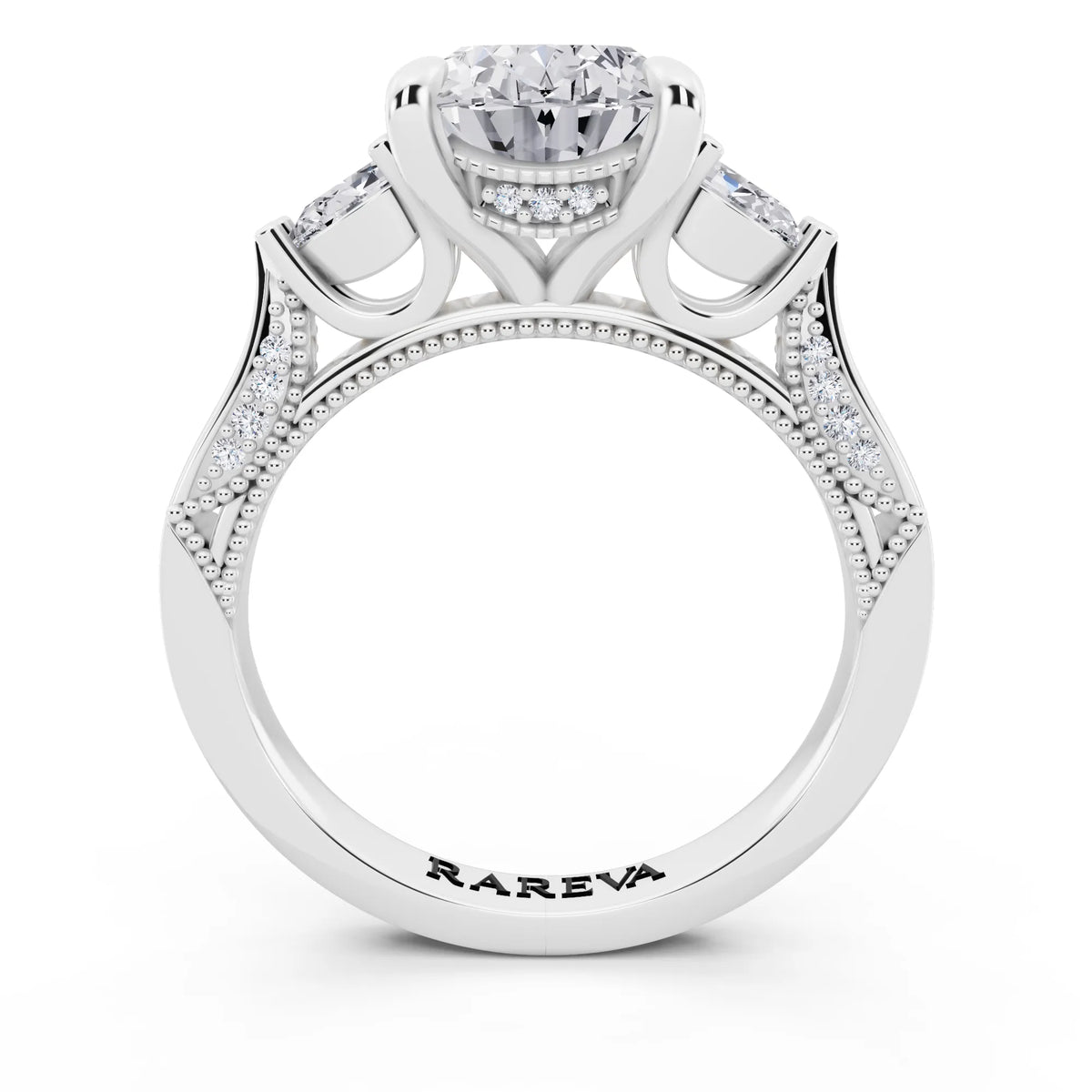 18 KT White Gold Oval Cut Diamond Three Stone Pear Accent Vintage Pave Ring - through finger