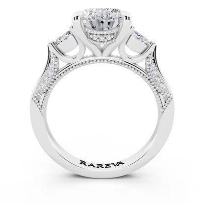 18 KT White Gold Oval Cut Diamond Three Stone Pear Accent Vintage Pave Ring - through finger