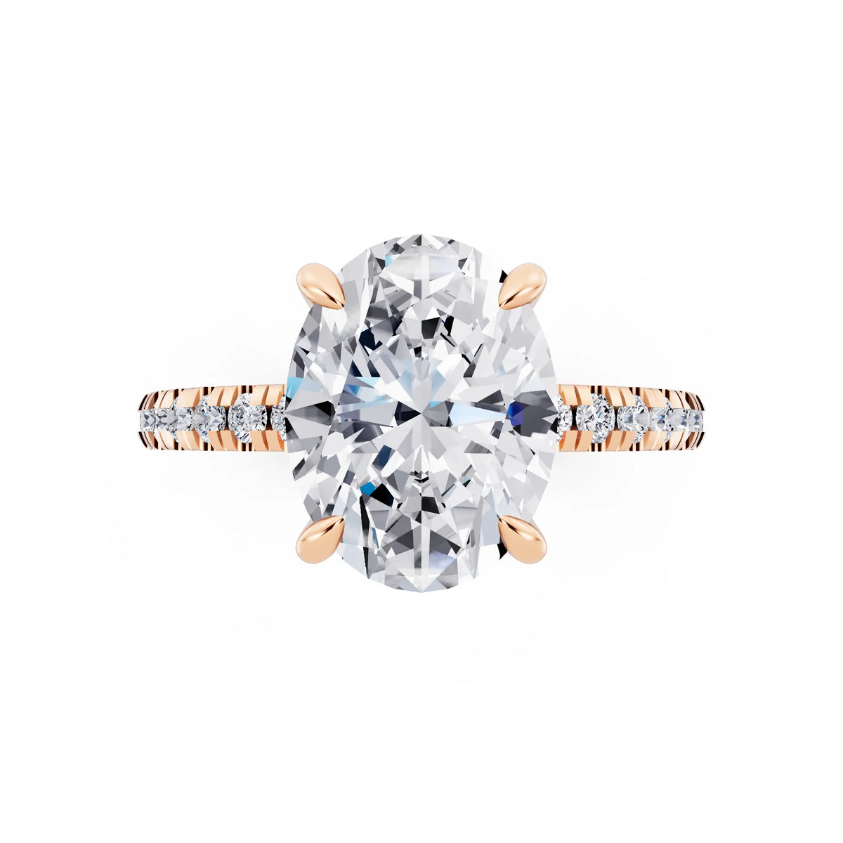 18 KT Rose Gold Oval Cut Diamond Solitaire Ring with Marquise Collar - top angle