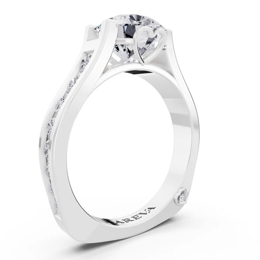 14 KT White Gold Round Cut Diamond Solitaire Ring with Graduated Channel Band - Top view
