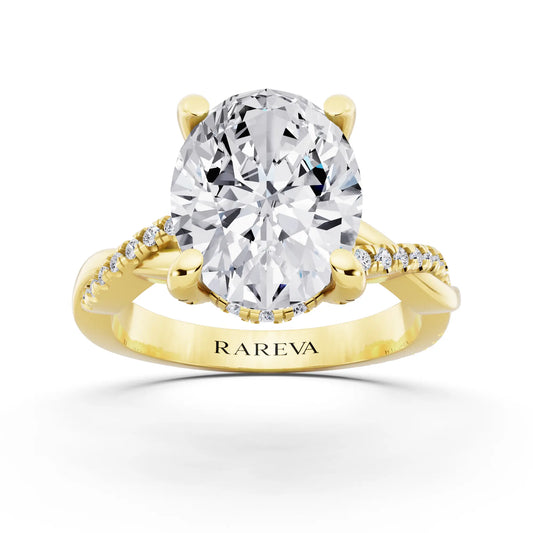 18 KT Yellow Gold Oval Cut Diamond Hidden Halo Ring with Twisted Pave Band - front view
