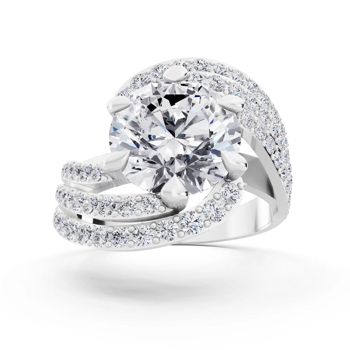 Platinum Round Cut Diamond Solitaire Ring with Swirl Pave Bands - Front