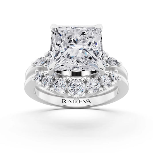 Platinum Princess Cut Diamond Ring with Curved Cluster Band - front view