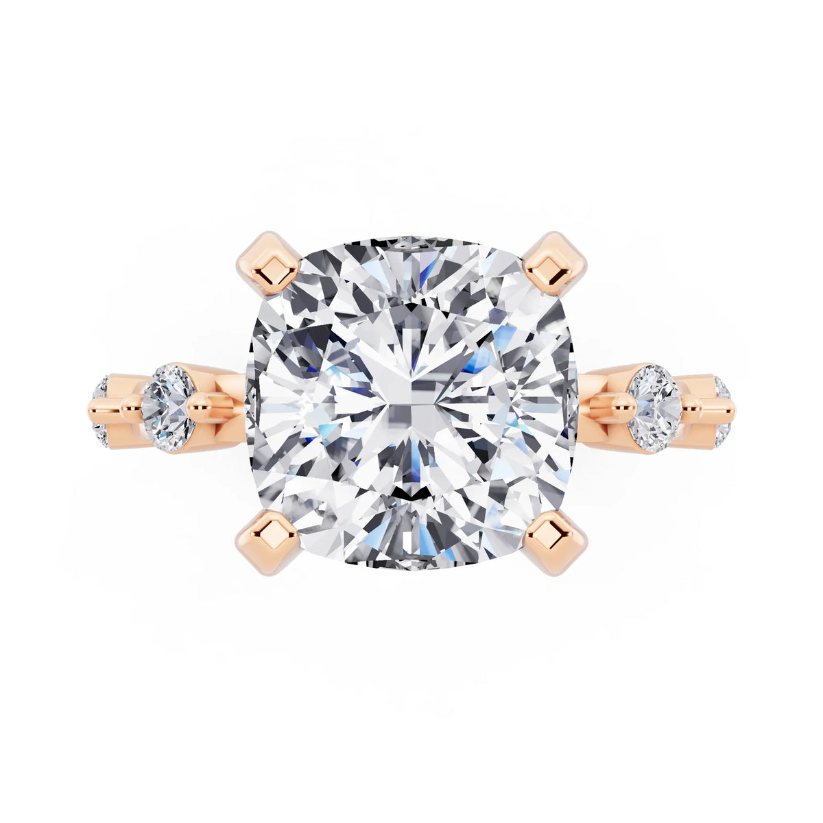 14 KT Rose Gold Cushion Cut Diamond Solitaire Ring with Floating Diamond Accents - top angle