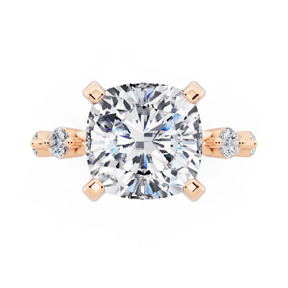 14 KT Rose Gold Cushion Cut Diamond Solitaire Ring with Floating Diamond Accents - top angle