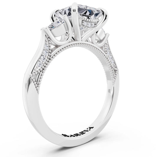 18 KT White Gold Princess Cut Diamond Three Stone Pear Accent Vintage Pave Ring - top view