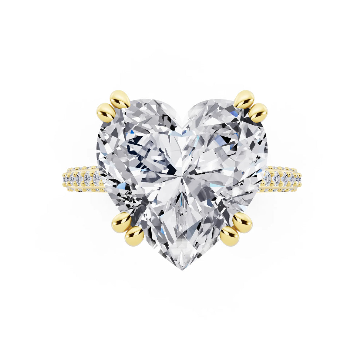 18 KT Yellow Gold Heart Cut Diamond Hidden Halo Double Claw Pave Band Ring - top angle