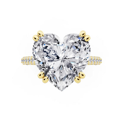 18 KT Yellow Gold Heart Cut Diamond Hidden Halo Double Claw Pave Band Ring - top angle
