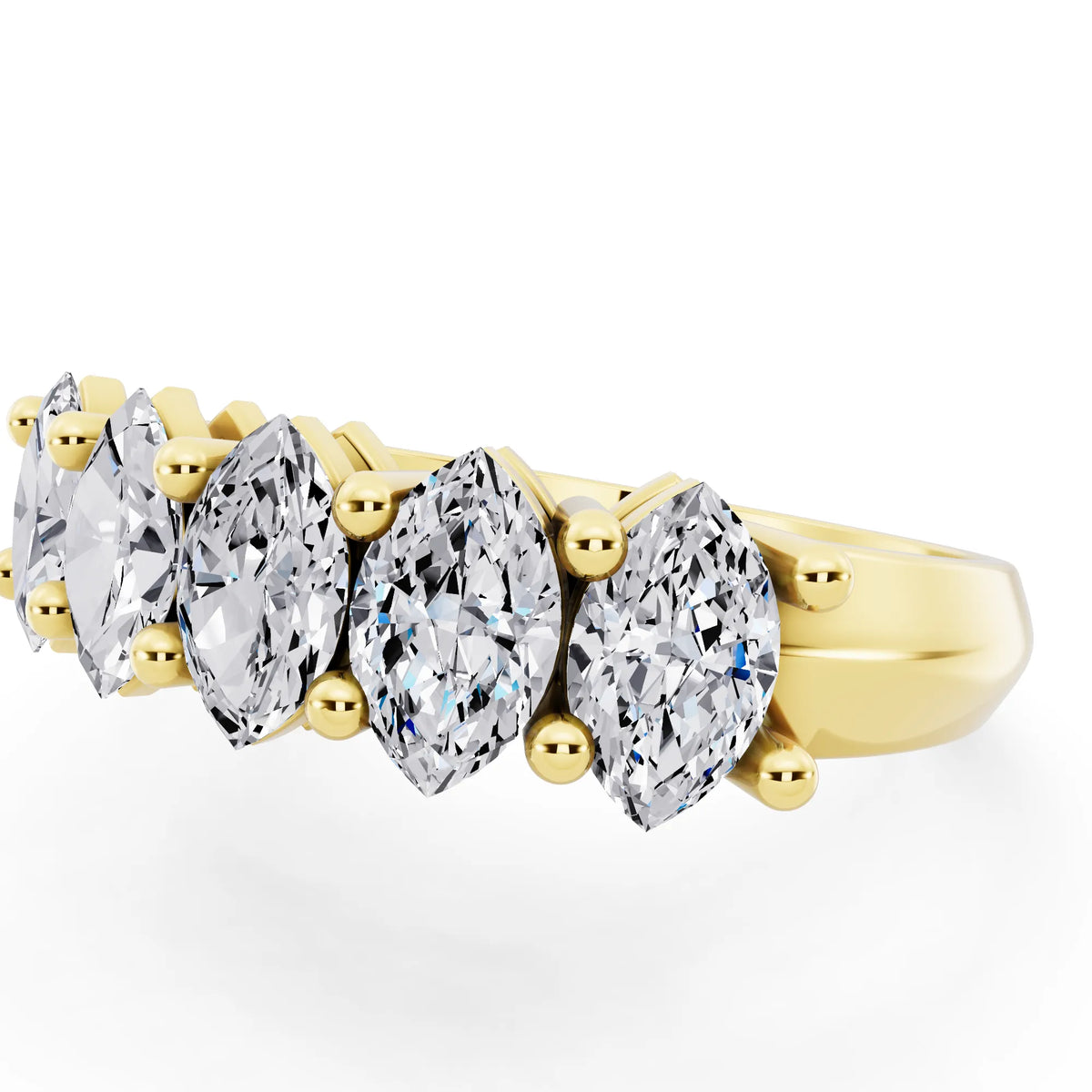 10K Yellow Gold Five Stone Marquise Cut Diamond Half Eternity Wedding Band - 2.5mm - Close up