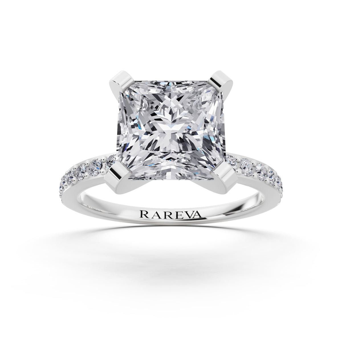 18 KT White Gold Princess Cut Diamond Solitaire Ring with Pave Shank - front view