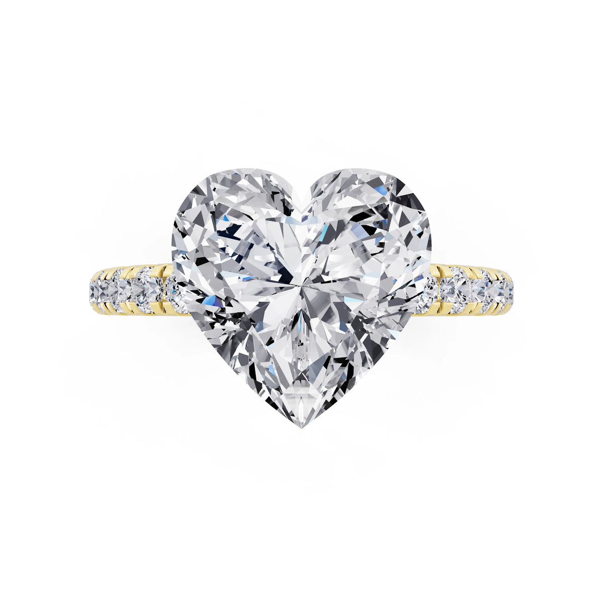 14 KT Yellow Gold Heart Cut Diamond Solitaire Ring with Hidden Halo and French Pave Band - top angle