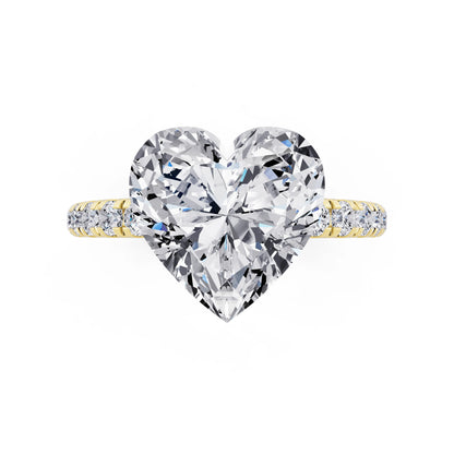 14 KT Yellow Gold Heart Cut Diamond Solitaire Ring with Hidden Halo and French Pave Band - top angle
