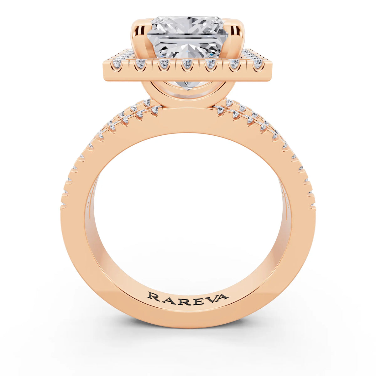 14 KT Rose Gold Princess Cut Diamond Halo Ring with Pave Split Shank - through finger