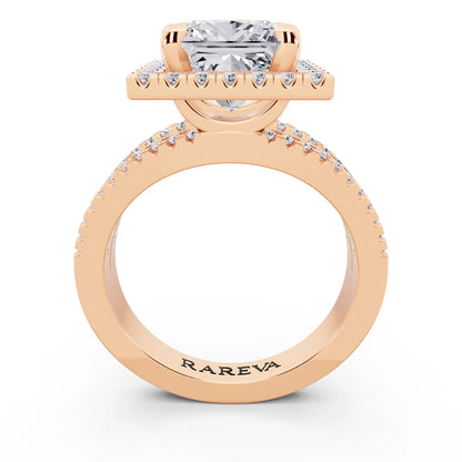 14 KT Rose Gold Princess Cut Diamond Halo Ring with Pave Split Shank - through finger