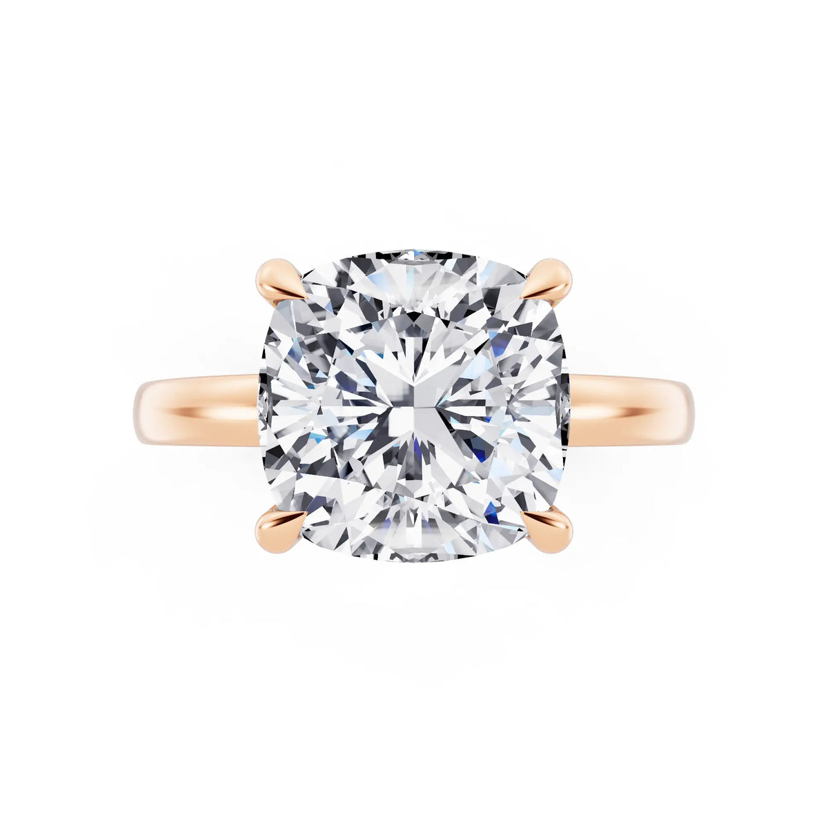14 KT Rose Gold Cushion Cut Diamond Solitaire Ring with Pave Collar - top angle