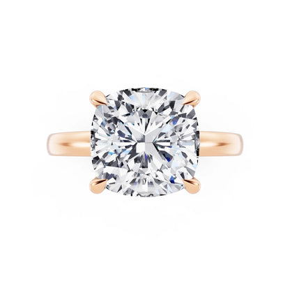 14 KT Rose Gold Cushion Cut Diamond Solitaire Ring with Pave Collar - top angle