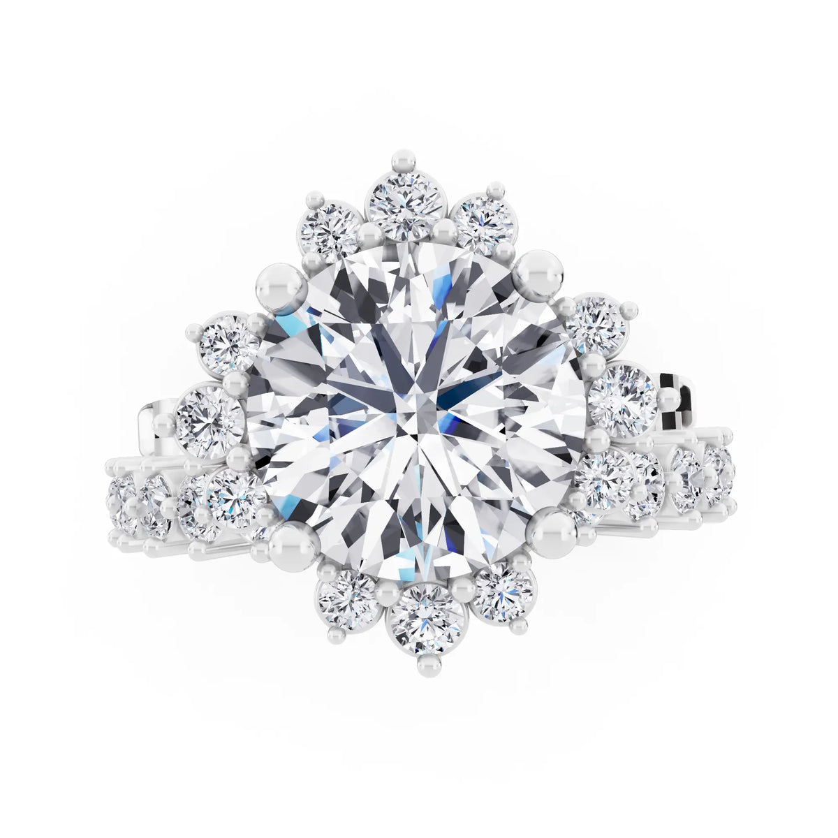 14 KT White Gold Round Cut Diamond Sunburst Halo Ring with Graduated Band - Top down