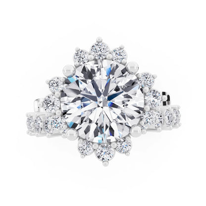 14 KT White Gold Round Cut Diamond Sunburst Halo Ring with Graduated Band - Top down